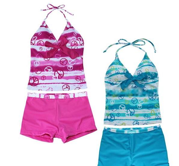 Hot sale kids girls 7-16T peace signs heart print halter two pieces tankini swimwear